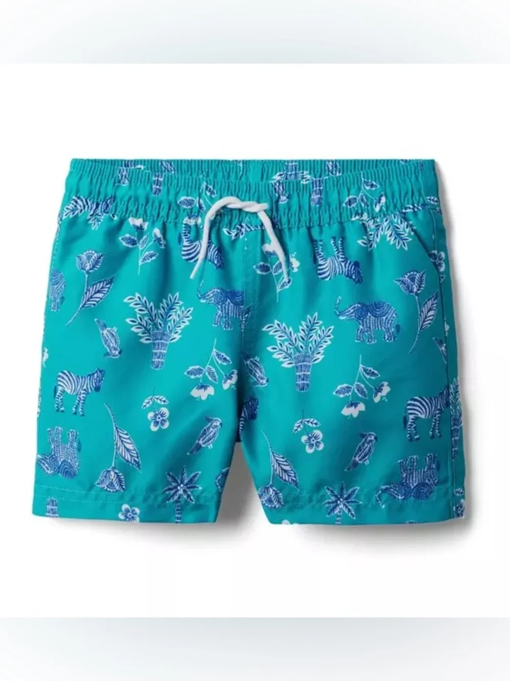 Janie and Jack Teal World Love Swim Trunks with Animal Print